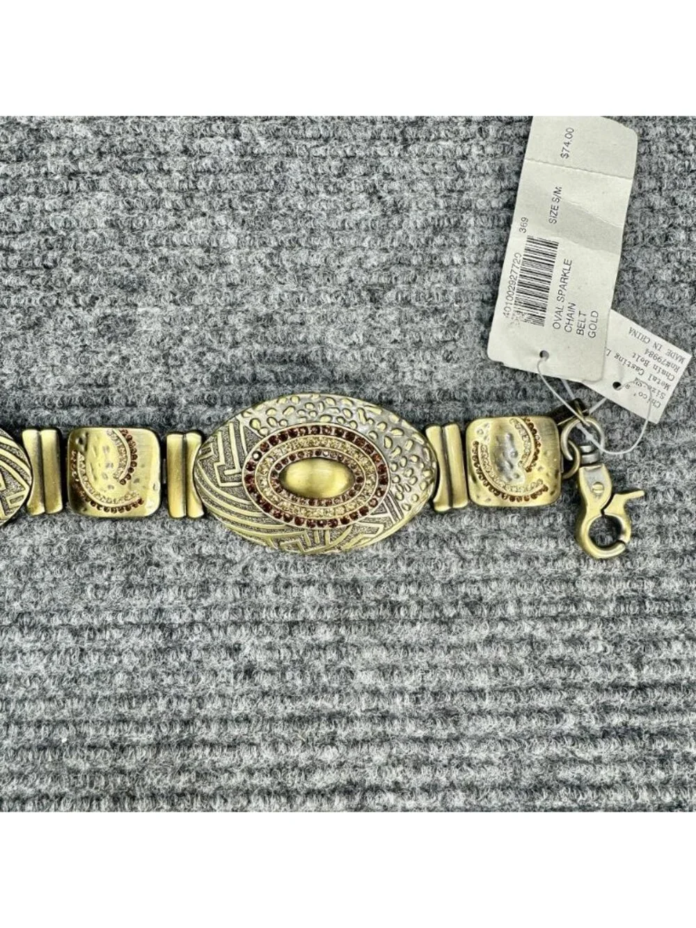 Chicos Metal Rhinestone Chain Link Belt Size Small/Medium Gold Tone Oval Chunky
